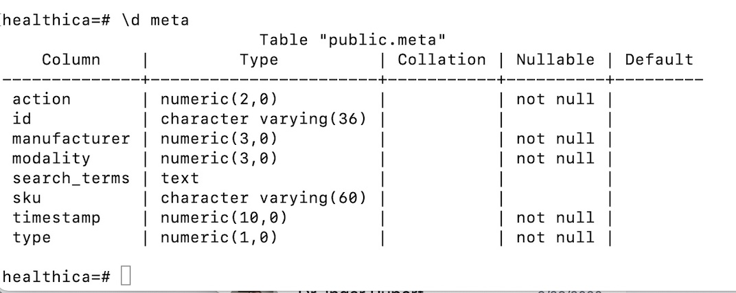 screenshot of the actual database table for metadata